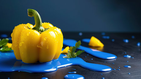 A stunning closeup of a yellow bell pepper glistening with water droplets, resting on a vibrant blue surface. This colorful composition emphasizes freshness and will enhance culinary visuals.の素材