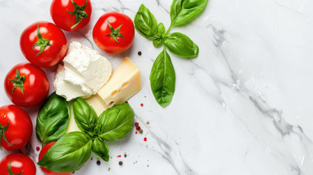 A vibrant display of fresh red tomatoes accompanied by creamy cheese and green basil leaves on a polished marble surface, perfect for food preparation.の素材