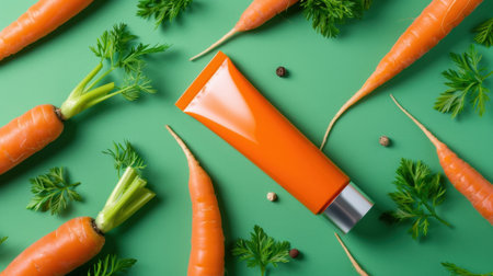 This vivid composition features a bright orange cream tube surrounded by fresh carrots and greens, presenting a perfect visual for natural skin care concepts. Ideal for health and beauty themes.の素材