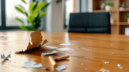 A modern office workspace features a wooden table scattered with torn papers and writing tools, creating a sense of disarray and creativity.の素材