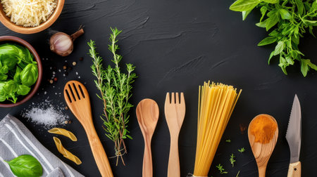 This vibrant collection showcases fresh herbs, cooking tools, and ingredients perfect for preparing an authentic Italian pasta dish, emphasizing natural flavors.の素材