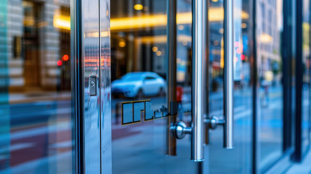 This image features a modern glass entrance with silver handles, set in an urban environment. The reflective windows show a blurred city background, capturing the essence of contemporary architecture.の素材