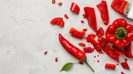 A captivating arrangement of vibrant red bell peppers and chili peppers carefully sliced on a light gray surface, perfect for culinary inspiration and healthy eating.の素材