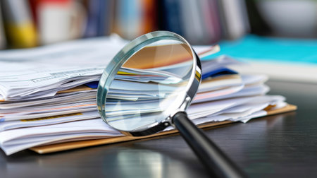 A close-up view of a pile of documents on a desk with a magnifying glass resting on top. This image represents analysis and organization in a professional workspace.の素材