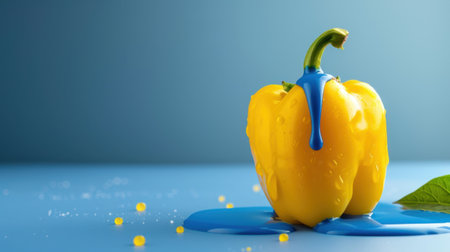 A stunning yellow bell pepper drizzled with vibrant blue paint creates a striking contrast against a soft blue background, embodying creativity and modern food art.の素材