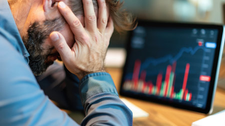 A man shows signs of frustration in an office as he faces declining market trends on his computer screen, reflecting the pressures of modern finance.の素材