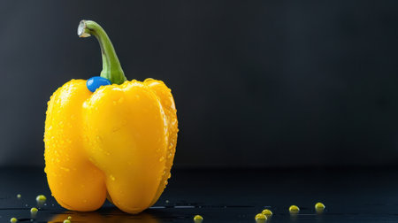 A vibrant yellow bell pepper sits against a dark background, showcasing its smooth texture and water droplets, symbolizing freshness and health.の素材