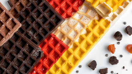 A vibrant assortment of chocolate and vanilla waffles showcases an array of colors and textures, perfect for desserts or snacks, elegantly displayed.の素材