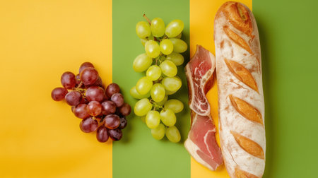 A stunning arrangement featuring fresh bakery items and grapes on a bright, colorful background, perfect for culinary inspiration and food styling ideas.の素材