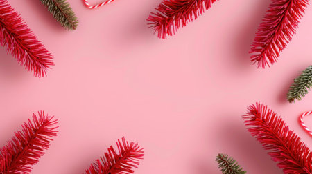A vibrant arrangement of red and green foliage with candy canes on a cheerful pink background, perfect for capturing the holiday spirit and festive mood.の素材