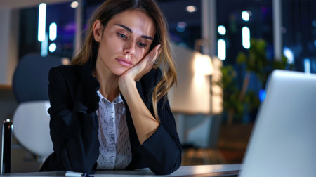 A focused businesswoman sits at her modern office desk, staring pensively at her laptop as she contemplates her work challenges at night.の素材