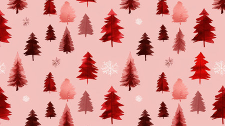 This vibrant watercolor pattern features Christmas trees in rich reds on a soft pink background, perfect for holiday-themed crafts and decorations.の素材