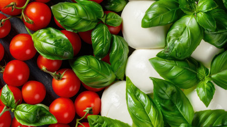 This vibrant composition features fresh red tomatoes, aromatic green basil leaves, and creamy mozzarella balls, ideal for healthy recipes and gourmet dishes.の素材