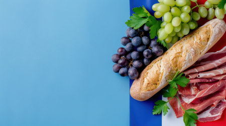 A vibrant arrangement featuring fresh bread, grapes, ham, and parsley against a colorful blue and red background. Perfect for culinary-themed projects.の素材