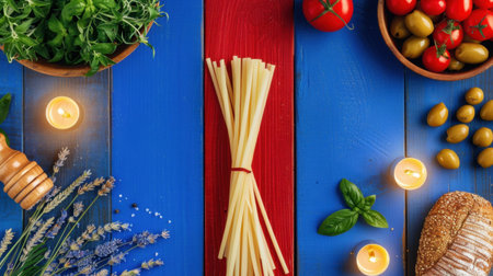 A vibrant arrangement of fresh ingredients for Italian cooking, featuring pasta, tomatoes, olives, herbs, and candlelight on a wooden table.の素材