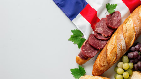 A vibrant composition featuring a traditional French baguette paired with savory cured meat and fresh grapes, complemented by the colors of the French flag, ideal for culinary-themed projects.の素材