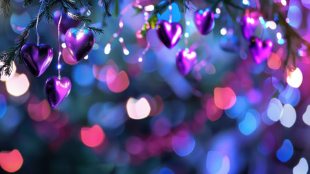 This enchanting image features vibrant heart ornaments and beautiful bokeh lights, perfect for evoking a festive atmosphere during the holiday season.の素材