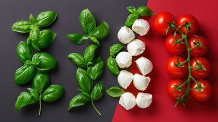 A colorful arrangement featuring fresh basil leaves, creamy mozzarella balls, and ripe tomatoes on a contrasting black and red background. Perfect for cooking enthusiasts.の素材
