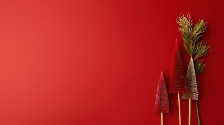 This vibrant red background features decorative trees and greenery, creating a festive atmosphere ideal for holiday themes and seasonal celebrations.の素材