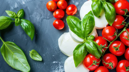 Capture the essence of fresh ingredients with this beautiful arrangement of mozzarella, basil, and cherry tomatoes. Perfect for culinary presentations!の素材