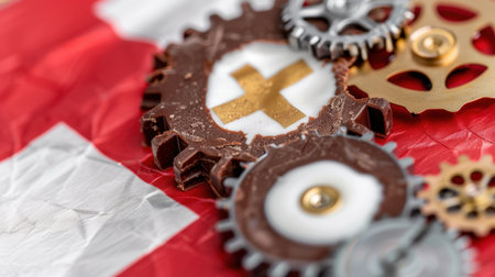 This captivating image features unique chocolate gears artfully arranged on a Swiss flag backdrop, representing creativity and culture through edible art.の素材