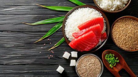 Discover the vibrant and fresh ingredients essential for sushi making, featuring rice, salmon, sesame, and greenery on a rustic wooden surface.の素材