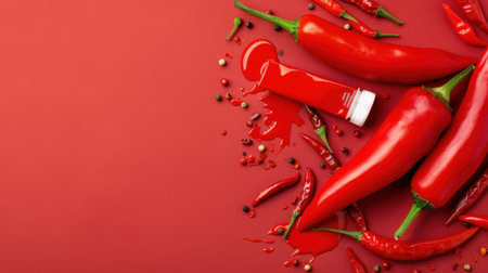 A visually appealing arrangement of red chili peppers, spilled sauce, and scattered spices creates a striking culinary image perfect for various food-related projects.の素材
