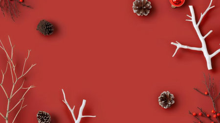 This vibrant red background features natural elements like pinecones and white branches, perfect for seasonal decorations or crafting projects.の素材