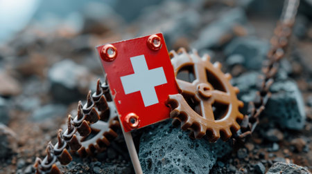 A striking image showcasing the Swiss flag placed on a gear, set against a rocky backdrop. This composition highlights themes of engineering, precision, and innovation.の素材