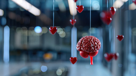 A striking visual of a human brain surrounded by floating red hearts, symbolizing love and creativity in a modern office space. Perfect for concepts associated with emotion and innovation.の素材