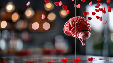 A visually striking representation of a brain model gently hanging among floating love hearts, set against a blurred background with warm lighting.の素材