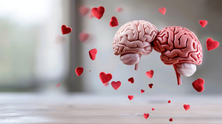 This creative illustration depicts two human brains surrounded by floating hearts, symbolizing the connection between love and emotions. Perfect for artistic projects.の素材