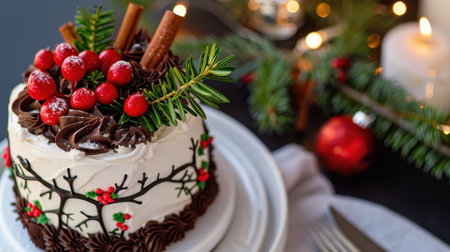 This enchanting festive chocolate cake showcases rich frosting topped with red berries and pine, perfect for holiday gatherings and celebrations.の素材