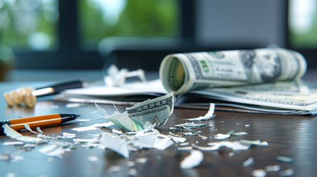 The image depicts crumpled dollar bills and shredded paper scattered on a desk, highlighting themes of financial loss, stress, and disarray in a business setting.の素材