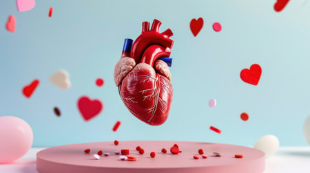 This striking image features an anatomically correct heart model surrounded by colorful hearts and decorations, creating a festive and romantic atmosphere.の素材