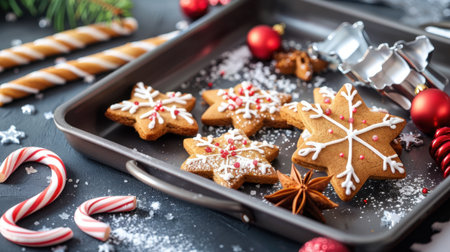A delightful assortment of freshly baked Christmas cookies arranged on a tray, surrounded by festive ornaments and decorative elements, perfect for holiday celebrations.の素材