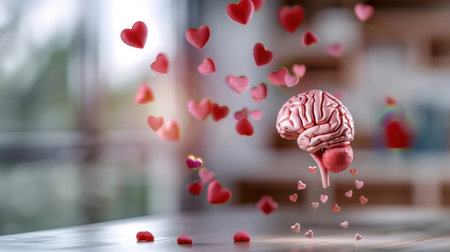 A captivating representation of a human brain surrounded by vibrant hearts, symbolizing the connection between intellect and emotion in a cozy environment.の素材