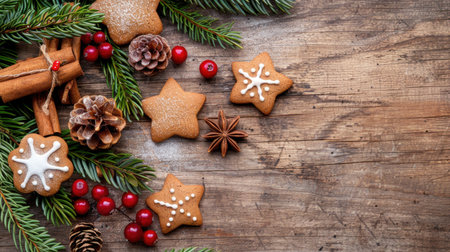 A delightful arrangement of gingerbread cookies in various shapes, surrounded by fresh pine branches and cinnamon sticks, perfect for winter holiday ambiance.の素材