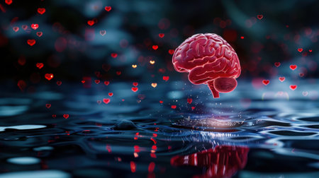 A surreal representation of a human brain floating above tranquil water, surrounded by hearts. This image symbolizes love, creativity, and emotional connection. Perfect for illustrating concepts of psychology and relationships.の素材