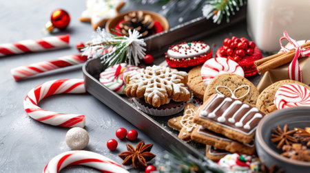 A delightful assortment of colorful holiday cookies and treats arranged on a rustic tabletop, perfect for festive gatherings and celebrations.の素材