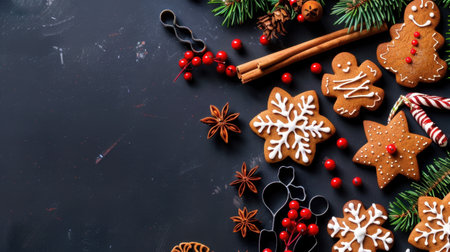 A charming arrangement of gingerbread cookies adorned with icing, surrounded by festive decorations and spices, ideal for holiday-themed projects.の素材
