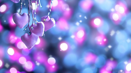 A charming collection of delicate pink hearts hanging from a string, set against a soft and blurred blue and purple bokeh background, creating a romantic atmosphere.の素材