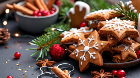 A beautifully arranged display of decorated gingerbread cookies featuring various holiday shapes, surrounded by spices, berries, and greenery. Perfect for festive gatherings!の素材