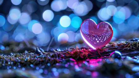 This enchanting image features a glowing heart resting on mossy wood amidst a backdrop of vibrant bokeh lights, creating a romantic and magical atmosphere perfect for expressing love and emotion.の素材