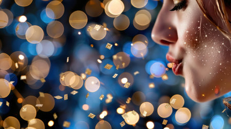A charming woman blowing confetti against a beautiful warm bokeh background, creating a joyful and festive atmosphere perfect for celebrations.の素材