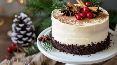 A beautifully crafted Christmas cake featuring rich frosting, adorned with pine cones, red berries, and aromatic spices, perfect for holiday celebrations.の素材