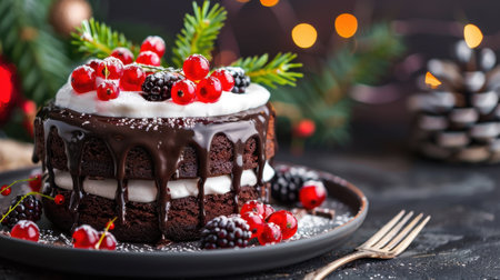 A beautifully decorated chocolate cake adorned with fresh berries and whipped cream, perfect for festive celebrations. Ideal for holiday dessert inspiration.の素材