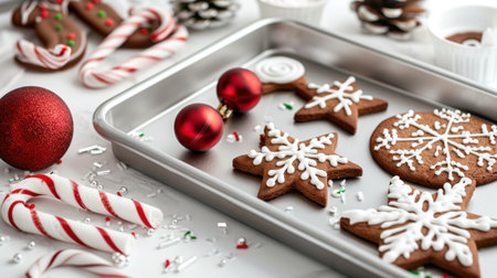 A delightful assortment of gingerbread cookies decorated with white icing, surrounded by Christmas ornaments and candy canes on a metallic tray.の素材