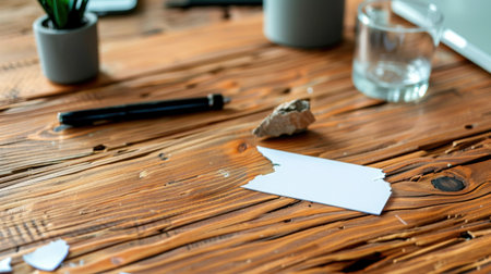 This image showcases a creative workspace featuring a messy desk with crumpled paper, a small plant, a glass of water, and a pen, perfect for inspiration.の素材