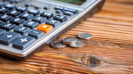 A close-up view of a calculator next to several coins on a rustic wooden surface, highlighting themes of financial planning and budgeting.の素材